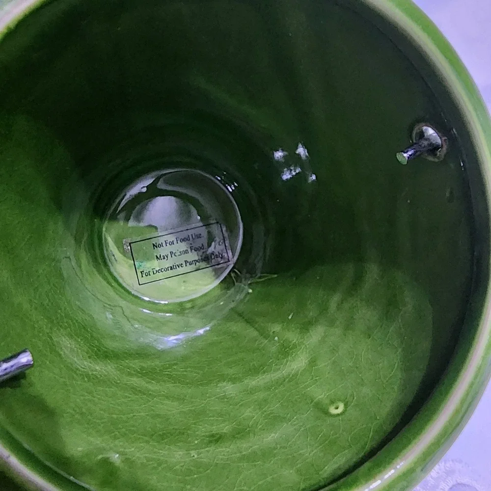 Green Glazed Ceramic Decorative Mini Bucket Metal Handle Crackle Finish 4.5 inch